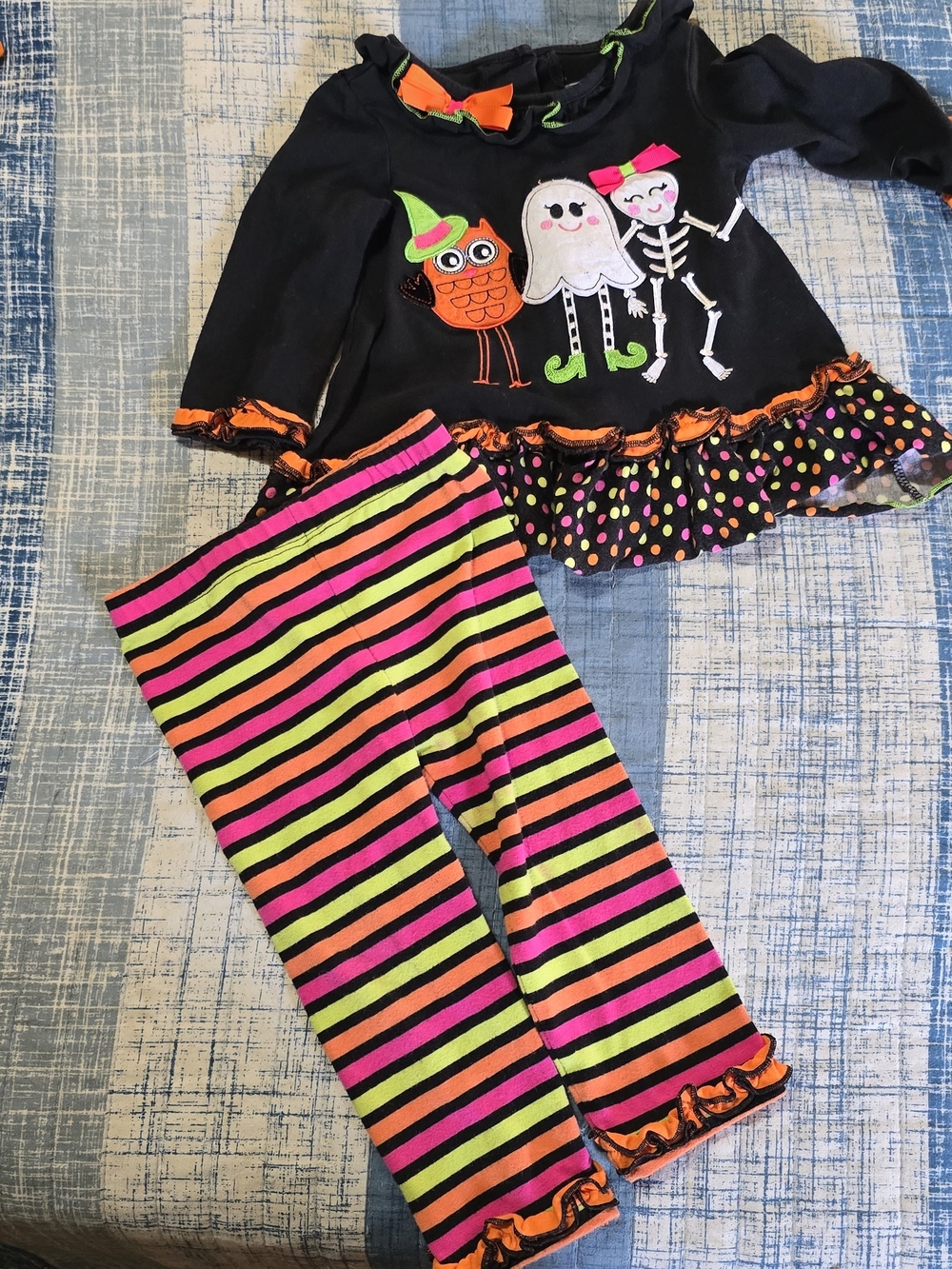 Rare Editions Black Top and Neon Striped Halloween Leggings 12 Months